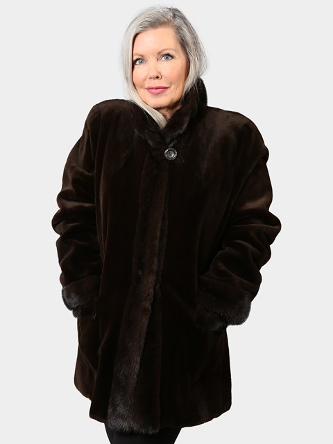 Woman's Brown Sheared Mink Fur Jacket Reversing to Bronze Rain Taffeta