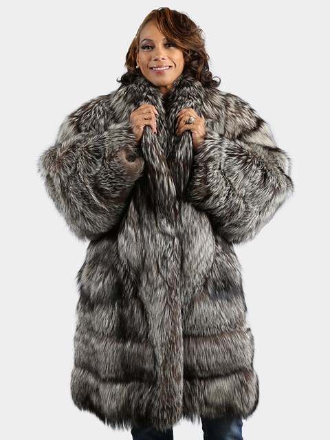 Woman's Plus Size Silver Fox Fur 3/4 Coat