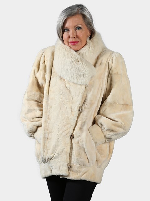 Woman's Tourmaline Sculptured Mink Fur Jacket with Fox Collar