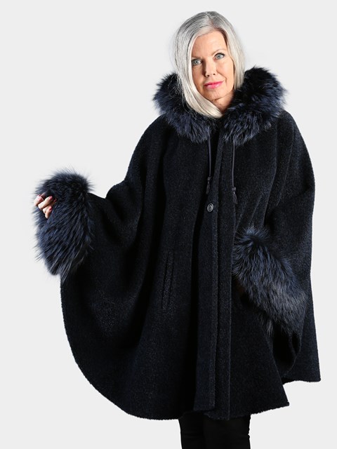 Woman's Navy Alpaca Wool Cape with Silver Fox Fur Trim