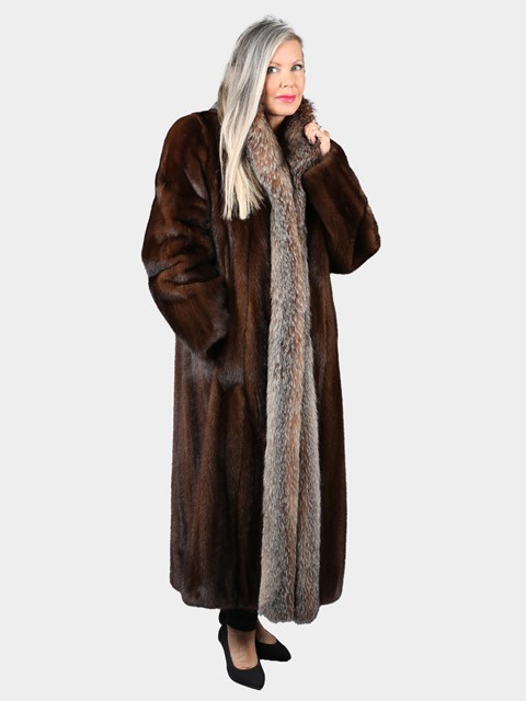 Woman's Natural Mahogany Mink Fur Coat with Crystal Fox Tuxedo