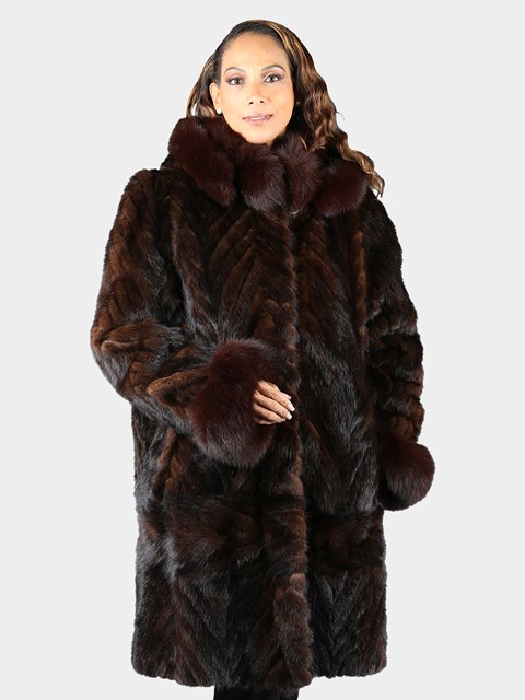 Woman's Natural Sculptured Mahogany Mink Fur 7/8 Coat with Detachable Hood