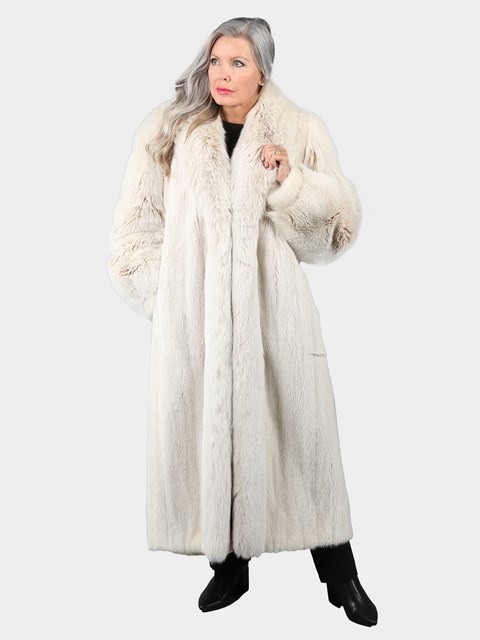 Woman's Blush Mink Fur Coat with Fox Tuxedo Front and Sleeves