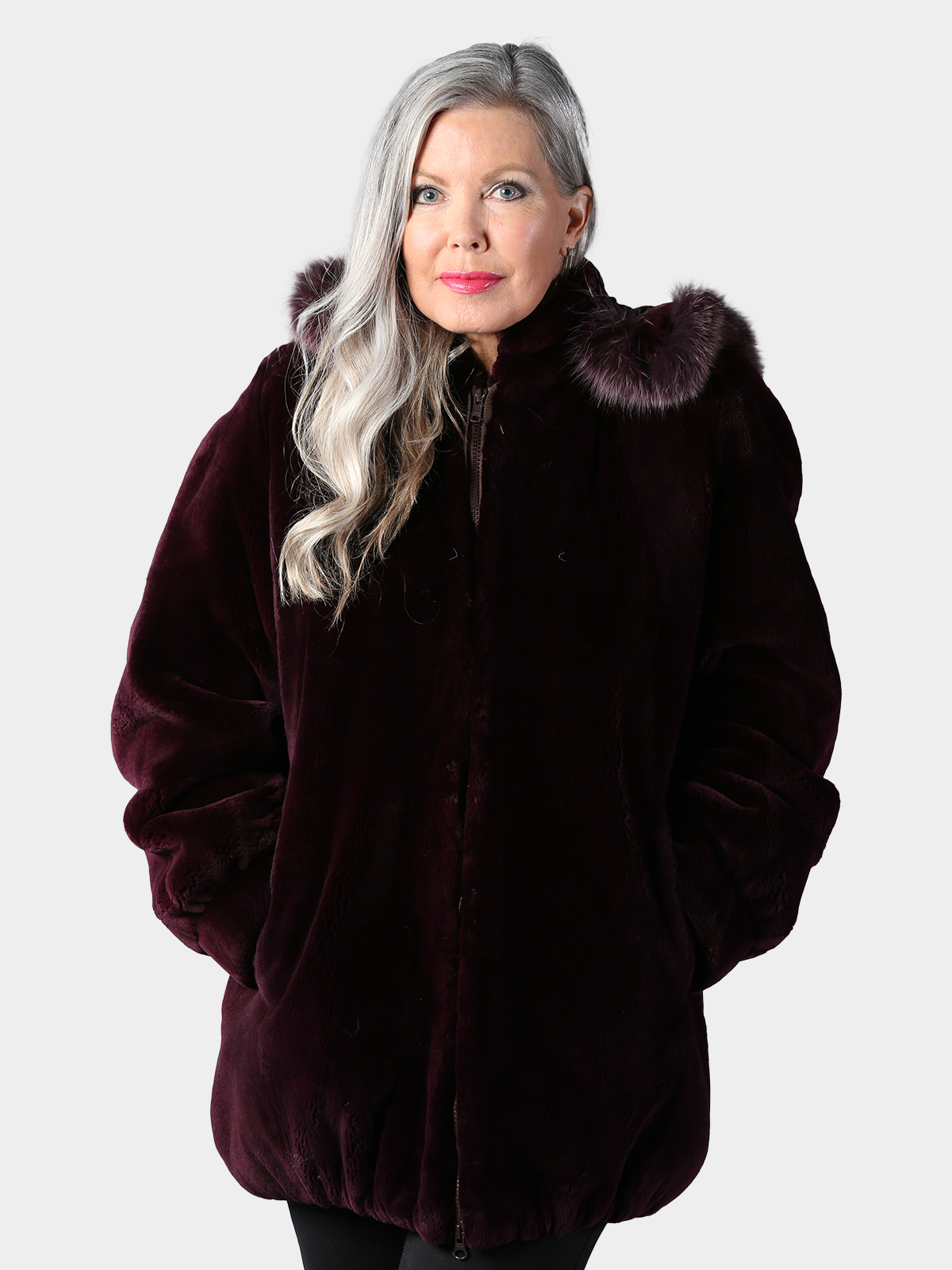 Burgundy parka with fur on sale hood