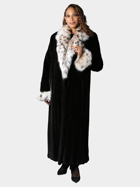 Woman's Black Sheared Mink Fur Coat with Cat Lynx Collar and Cuffs