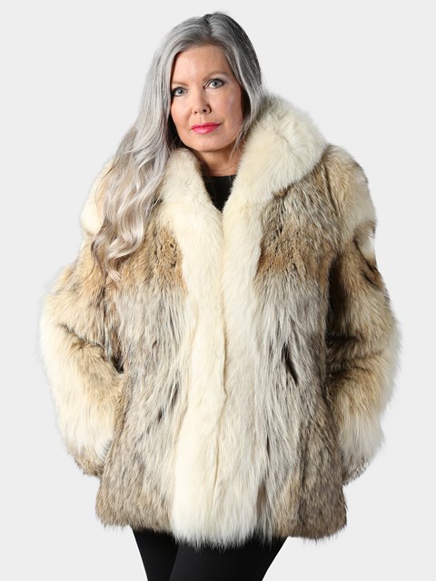 Woman's Natural Coyote Fur Jacket with Shadow Fox Tuxedo