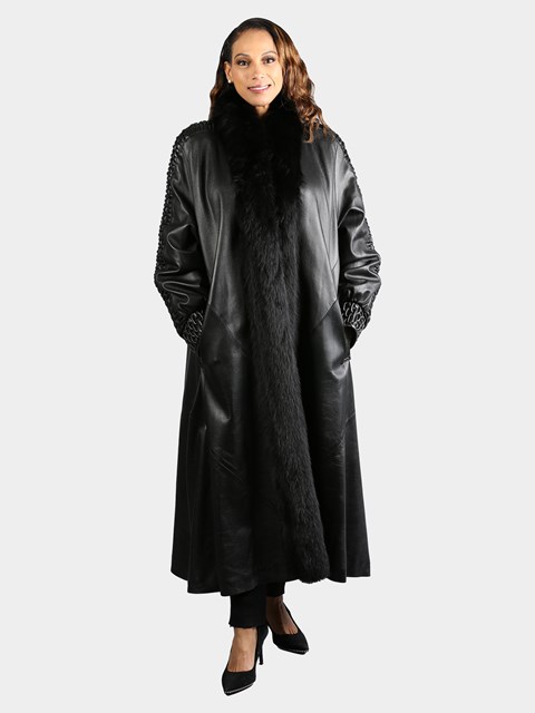 Woman's Plus Size Black Leather Coat with Fox Fur Tuxedo Front