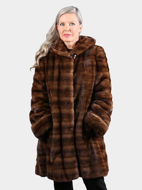 Woman's Natural Demi Buff Female Mink Stroller with Double Fur Hood