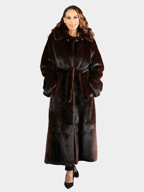 Woman's Natural Mahogany Female Mink Fur Coat with Detachable Hood and Belt