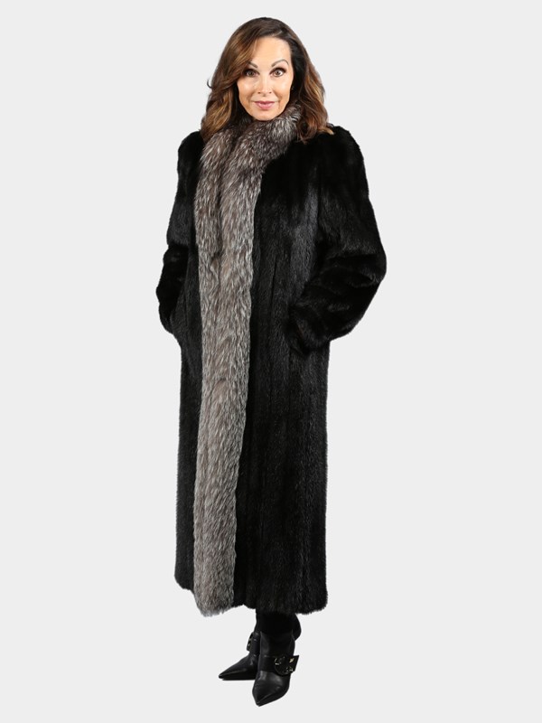 Woman's Natural Ranch Mink Fur Coat with Indigo Fox Tuxedo Front