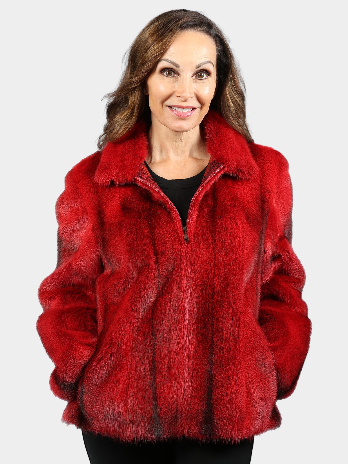Woman's Dyed Red Female Mink Fur Jacket Reversible to Stenciled Leather