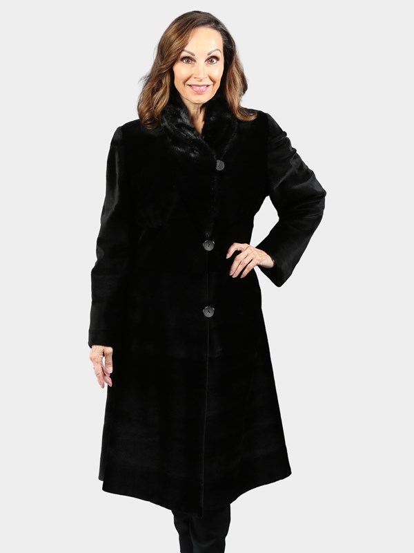 Woman's Dyed Black Sheared Mink Fur Coat Reversible to Rain Taffeta
