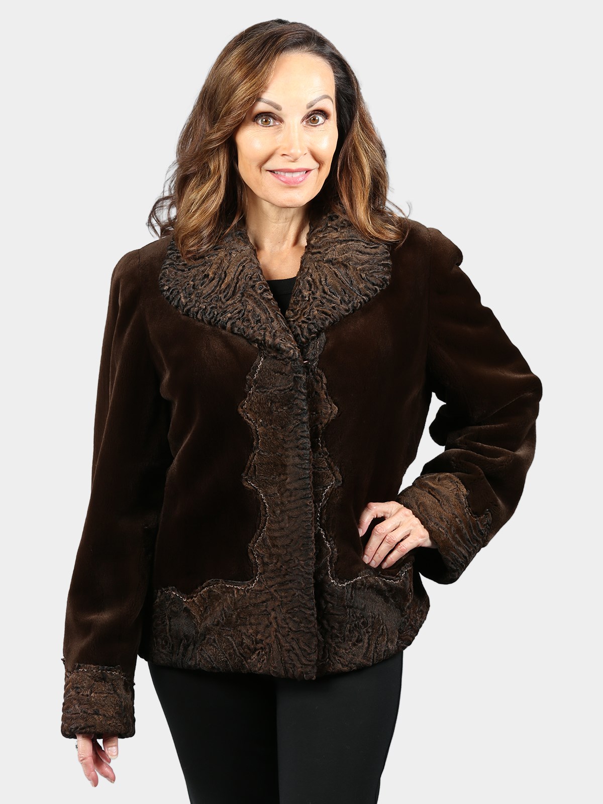 Woman's Brown Dyed Sheared Mink Fur Jacket with Persian Lamb Trim