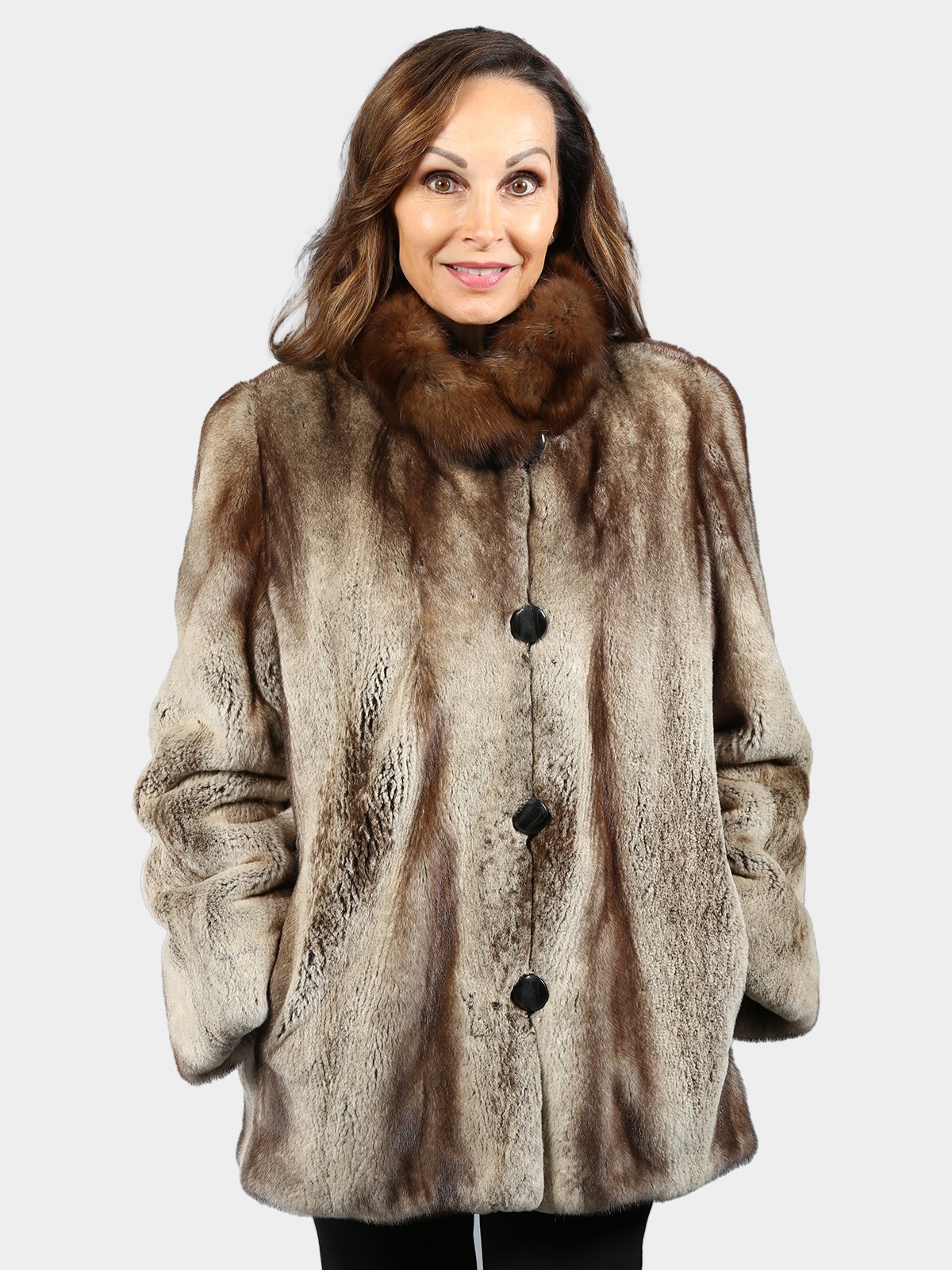 Woman's Platinum  Semi Sheared Female Mink Fur Jacket with Sable Collar (Reversible)