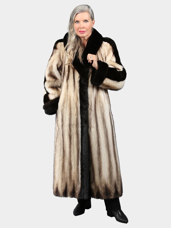 Woman's Natural Fitch Fur Coat with Mink Trim