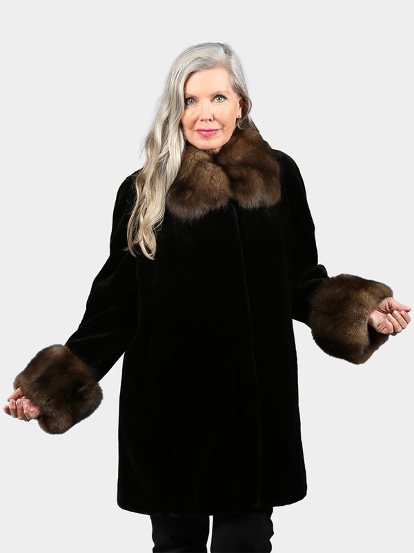 Woman's Dyed Black Sheared Mink Fur Stroller with Sable Collar and Cuffs