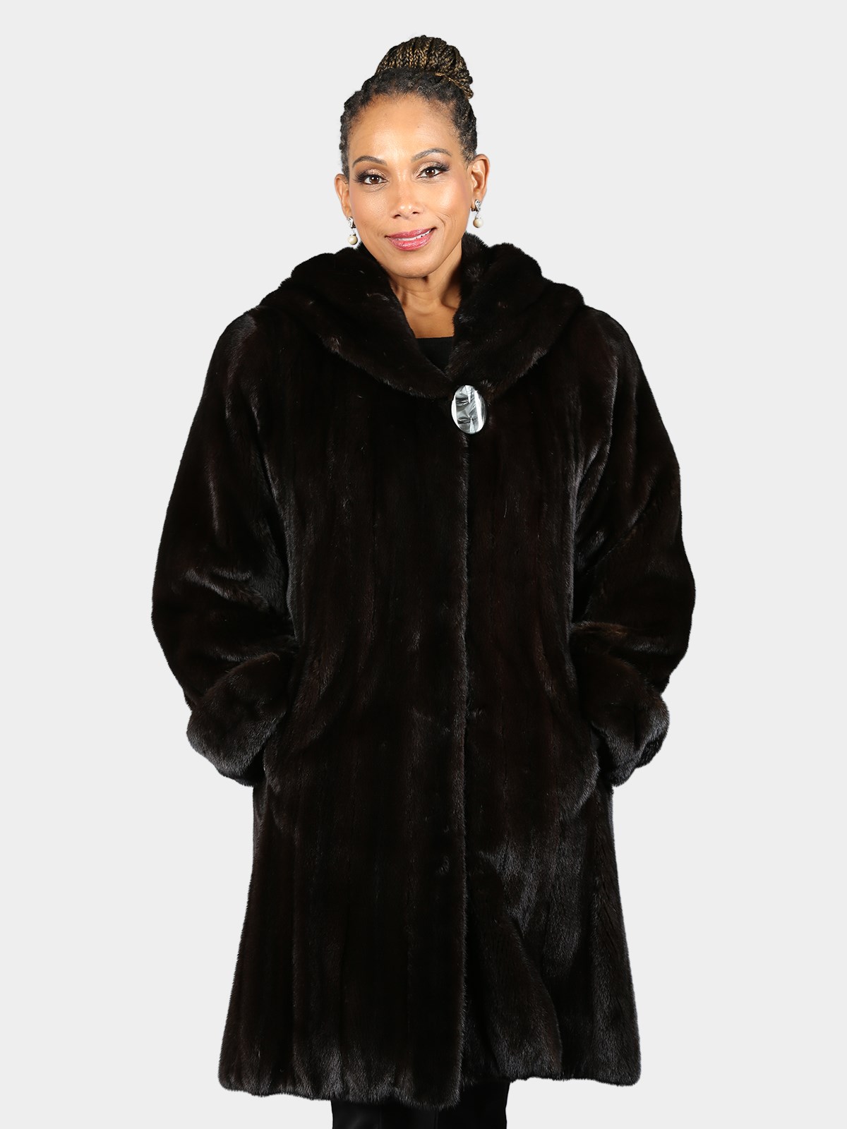 Woman's Natural Deepest Mahogany Female Mink Fur 3/4 Coat with Hood