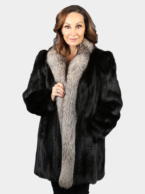 Woman's Natural Ranch Mink Fur Jacket with Indigo Fox Tuxedo Front