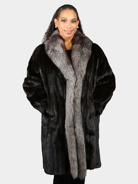 Woman's Natural Ranch Mink Fur 7/8 Coat with Indigo Fox Tuxedo and Headband