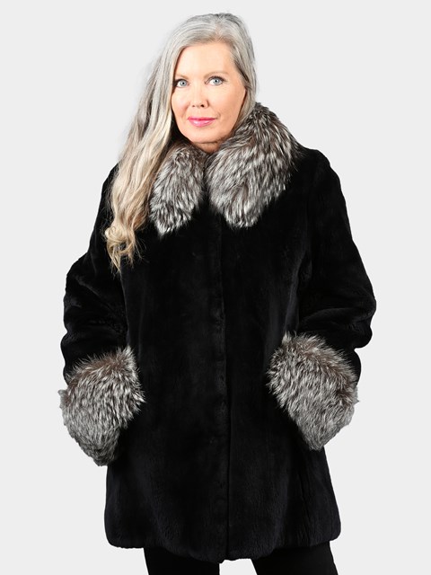 Woman's Dyed Black Sheared Beaver Fur Jacket with Silver Fox Collar and Cuffs