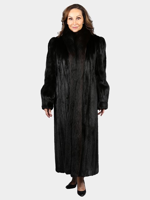 Woman's Natural Ranch Mink Fur Coat with Dark Brown Dyed Fox