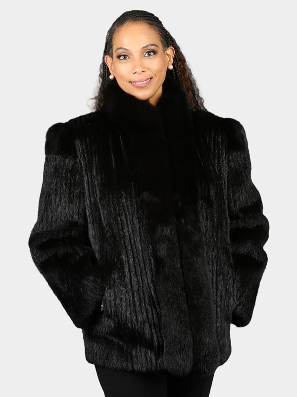 Woman's Natural Ranch Cord Cut Mink Fur Jacket with Fox Tuxedo