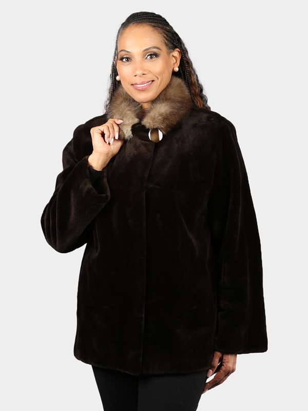 Woman's Dyed Dark Brown Sheared Mink Fur Jacket with Sable Collar