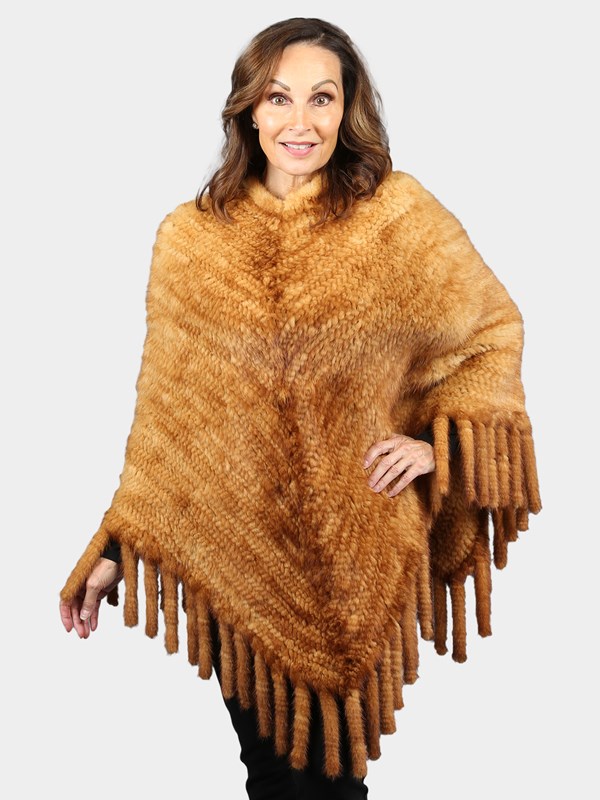 Woman's Natural Whiskey Knit Mink Fur Poncho with Hood Matching Neck Scarf and Purse