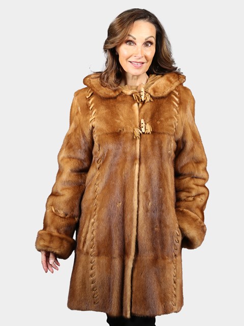 Woman's Natural Whiskey Mink Fur Stroller with Hood Reversible to Rain Taffeta