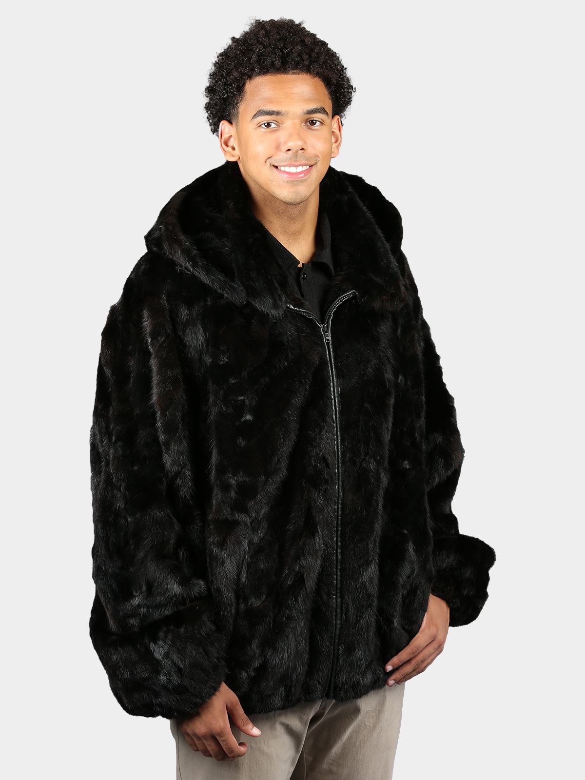 Man s Natural Ranch Sculptured Mink Fur Jacket with Detachable Hood