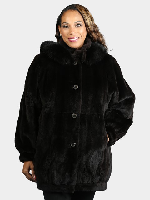 Woman's Deep Brown Sheared Mink Fur Jacket with Detachable Fox Trimmed Hood