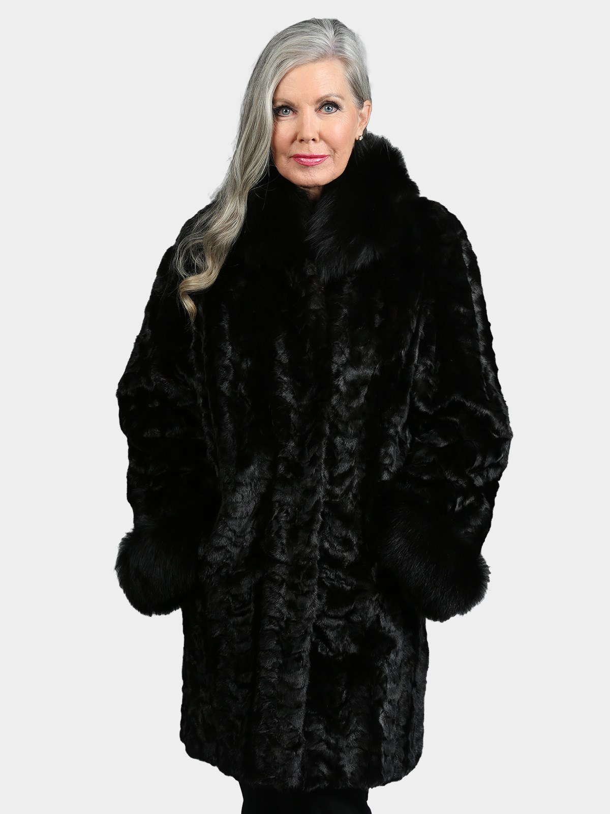 Woman's Natural Ranch Sculptured Mink Fur Stroller with Black Fox Collar and Cuffs (Includes Black Knit Rex Rabbit Hat)