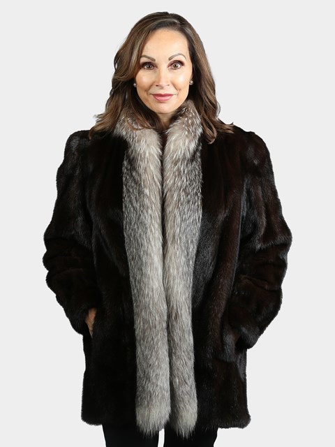 Woman's Natural Dark Mahogany Mink Fur Jacket with Indigo Fox Tuxedo Front