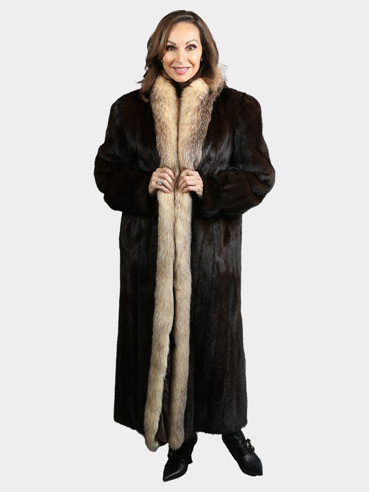 Woman's Natural Mahogany Mink Fur Coat with Crystal Fox Tuxedo Front