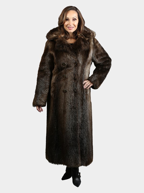 Woman's Natural Medium Tone Beaver Fur Coat with Detachable Hood