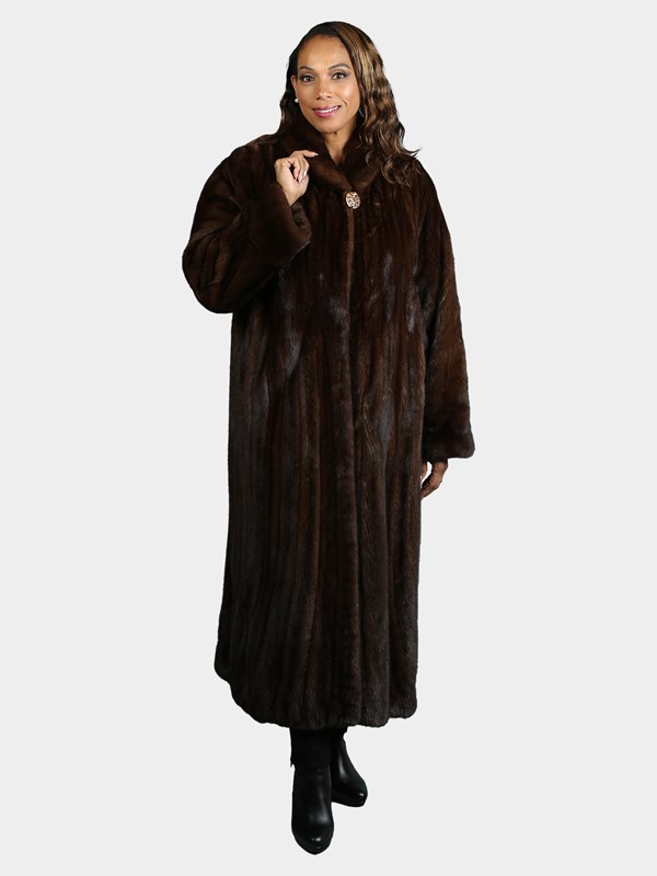 Woman's Natural Mahogany Female Mink Fur Coat with Directional Hemline