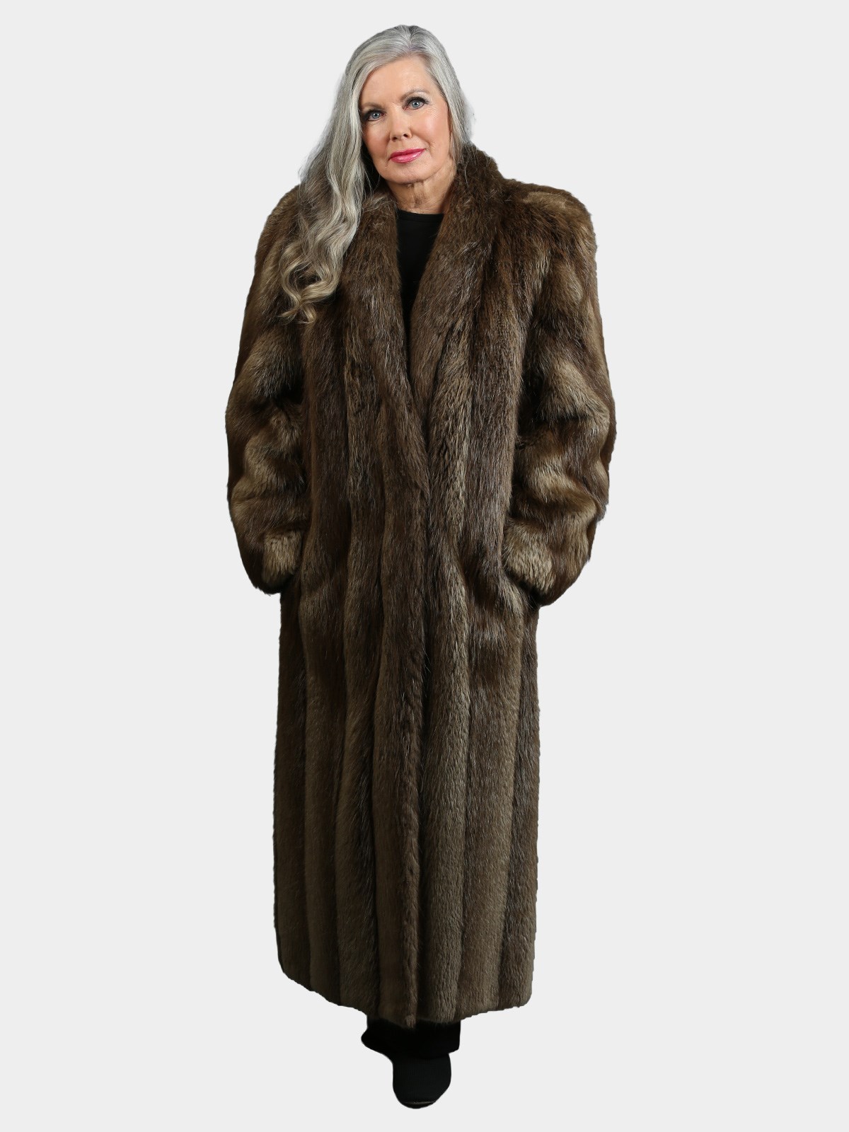 Woman's Natural Chestnut Long Hair Beaver Fur Coat