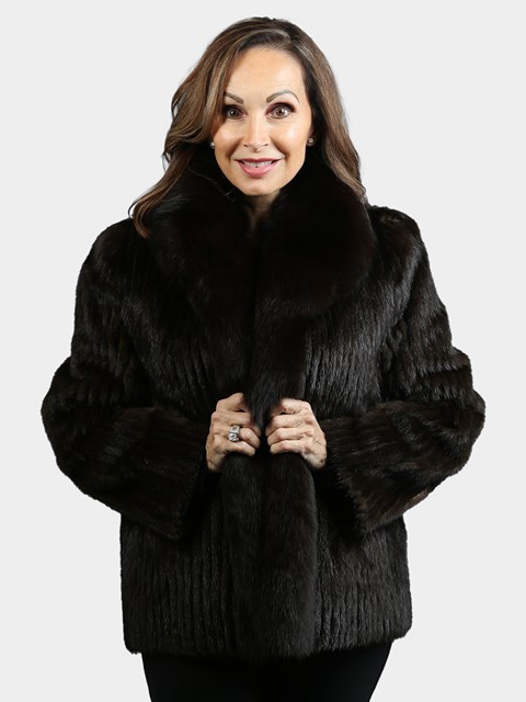 Woman's Deep Mahogany Cord Cut Mink Fur Jacket with Black Fox Collar and Front