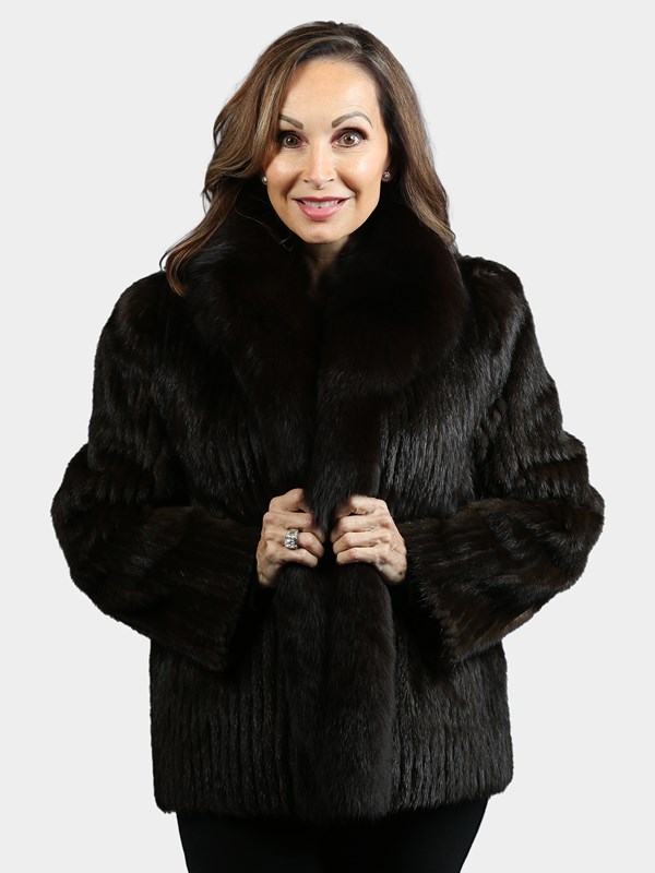 Woman's Deep Mahogany Cord Cut Mink Fur Jacket with Black Fox Collar and Front