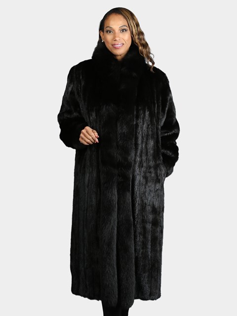 Woman's Plus Size Natural Ranch Female Mink Fur Coat with Fox Collar and Tuxedo Front