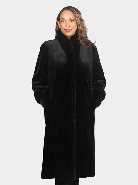 Woman's Dyed Black Sheared Mink Fur Coat Reversing to Rain Taffeta