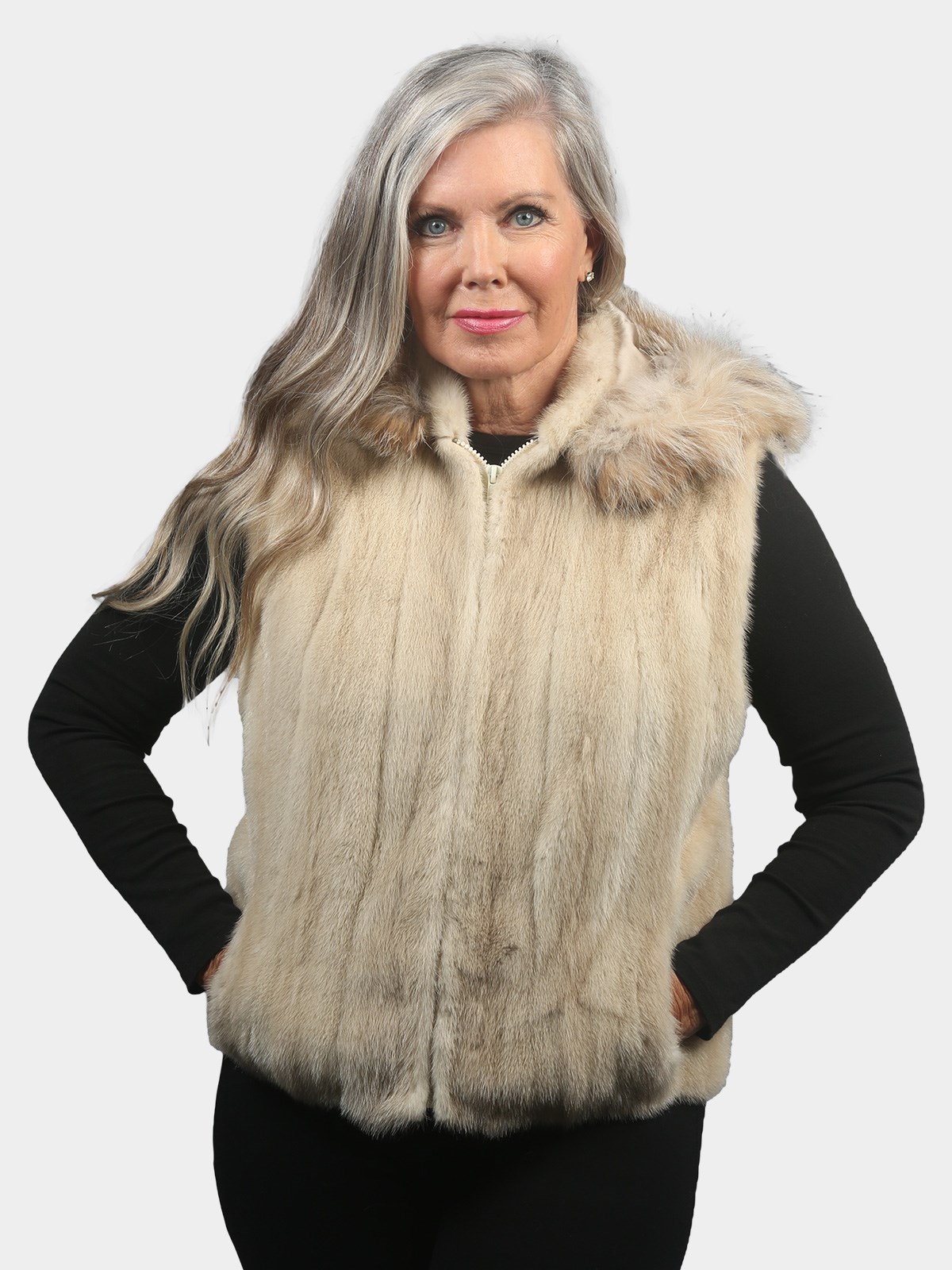 Woman's Natural Tourmaline Female Mink Fur Vest with Canadian Lynx Trim on Hood