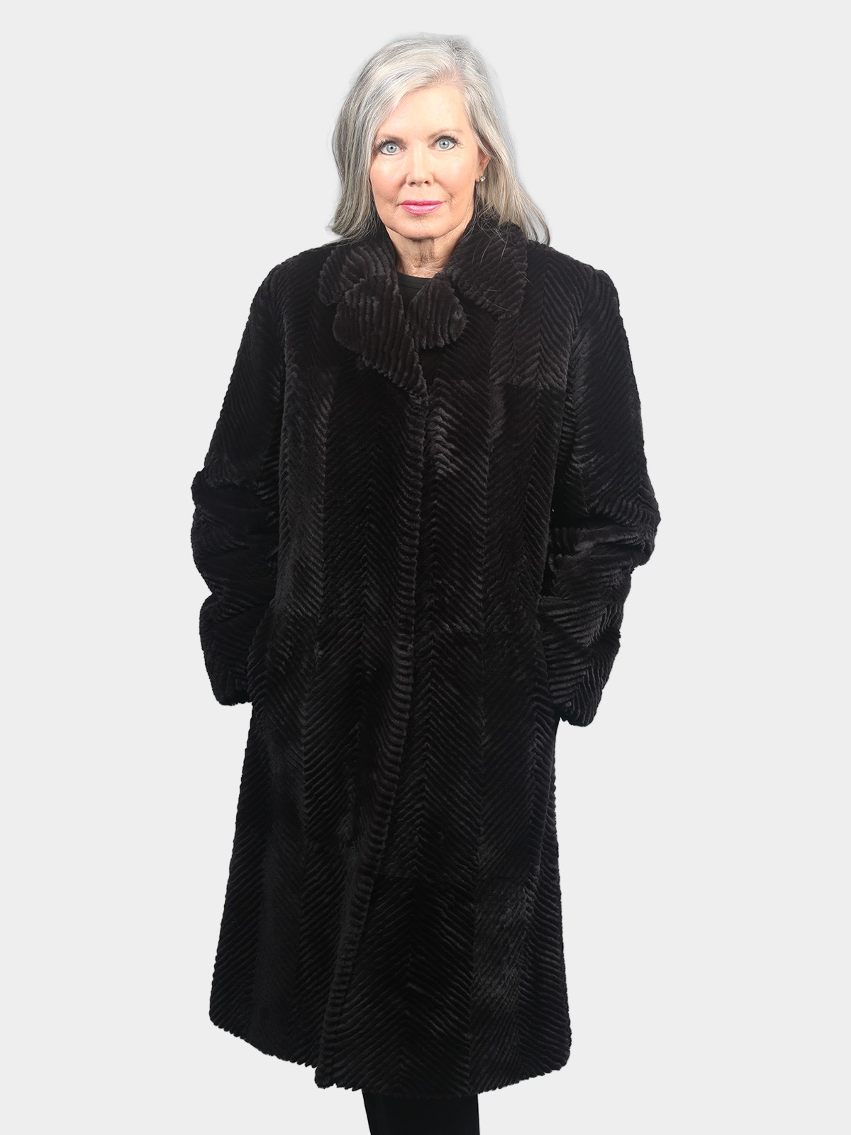 Woman's Black Sheared Mink Fur Coat with Laser Design