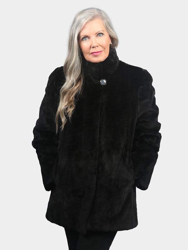 Woman's Dyed Black Sheared Mink Fur Jacket Reversing to Rain Taffeta