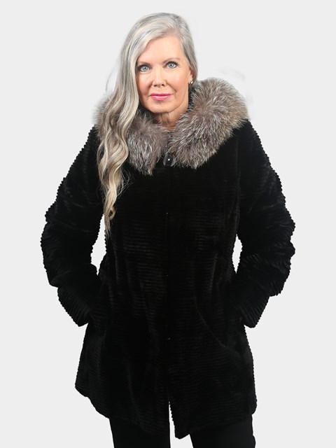 Woman's Black Sheared Mink Fur Stroller with Hood