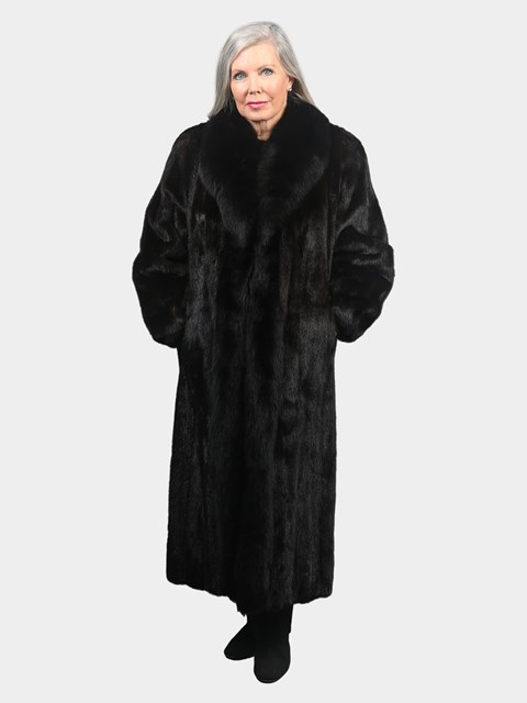 Woman's Natural Ranch Mink Fur Coat with Black Fox Tuxedo