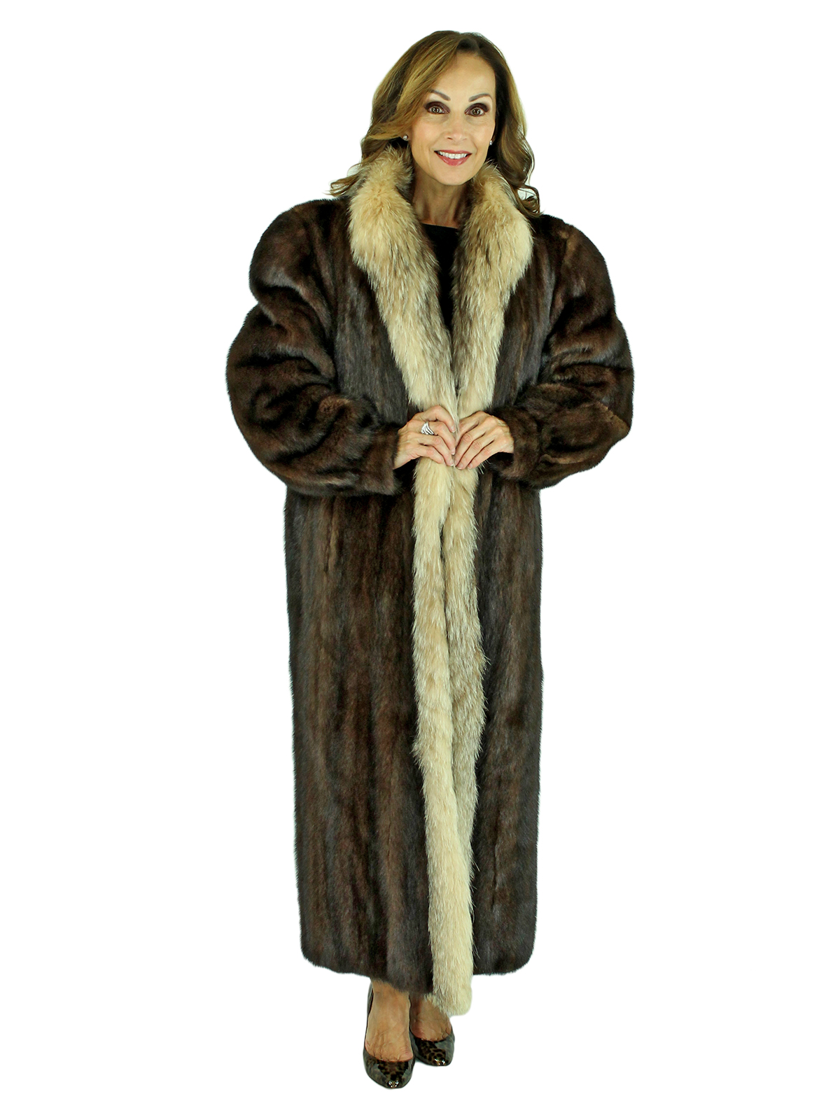 Mahogany Mink Fur Coat with Crystal Fox Tuxedo Front - Large| Estate Furs