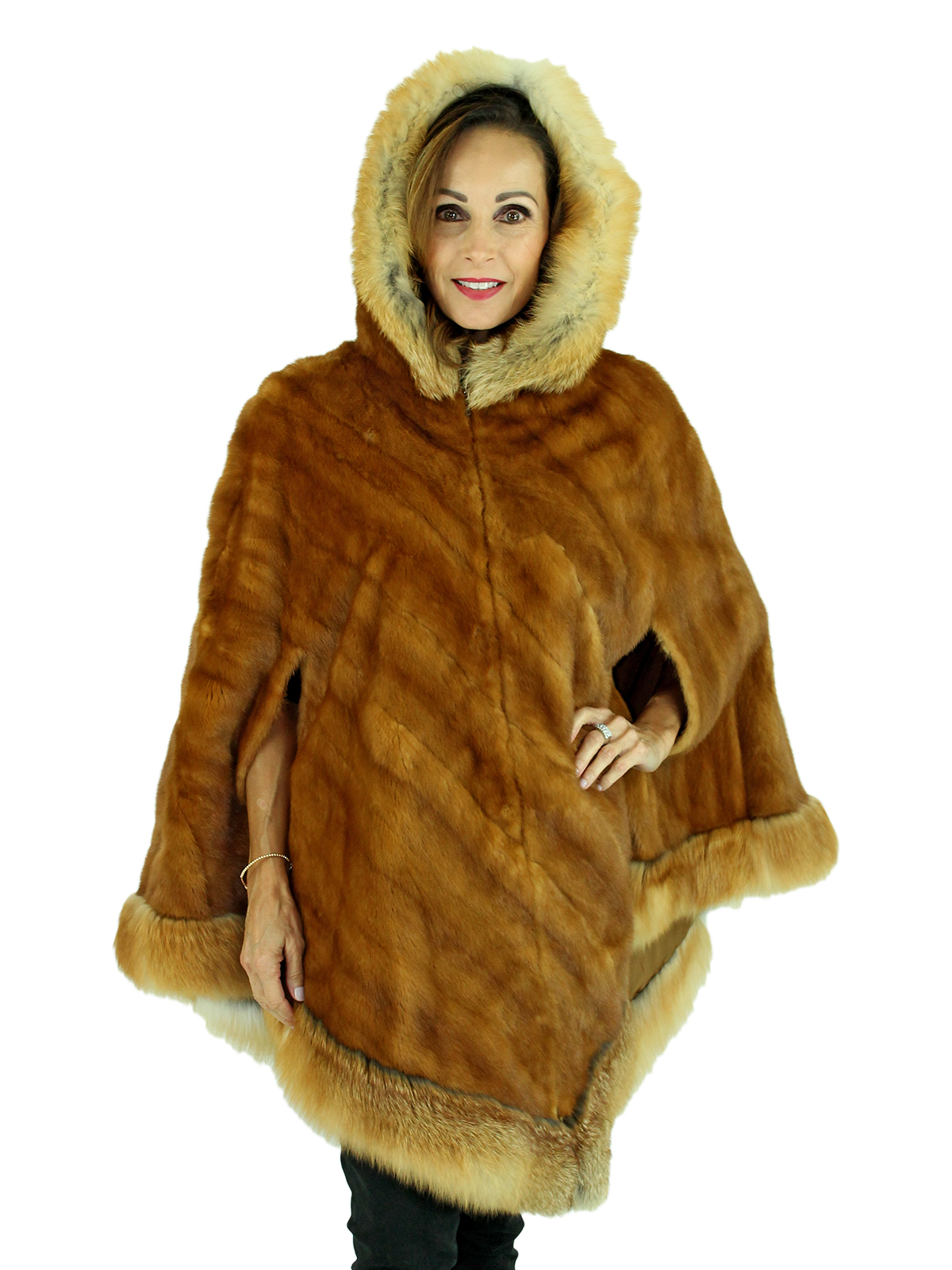 Whiskey Mink Fur Cape with Red Fox Trimmed Hood and Hemline - Womens 