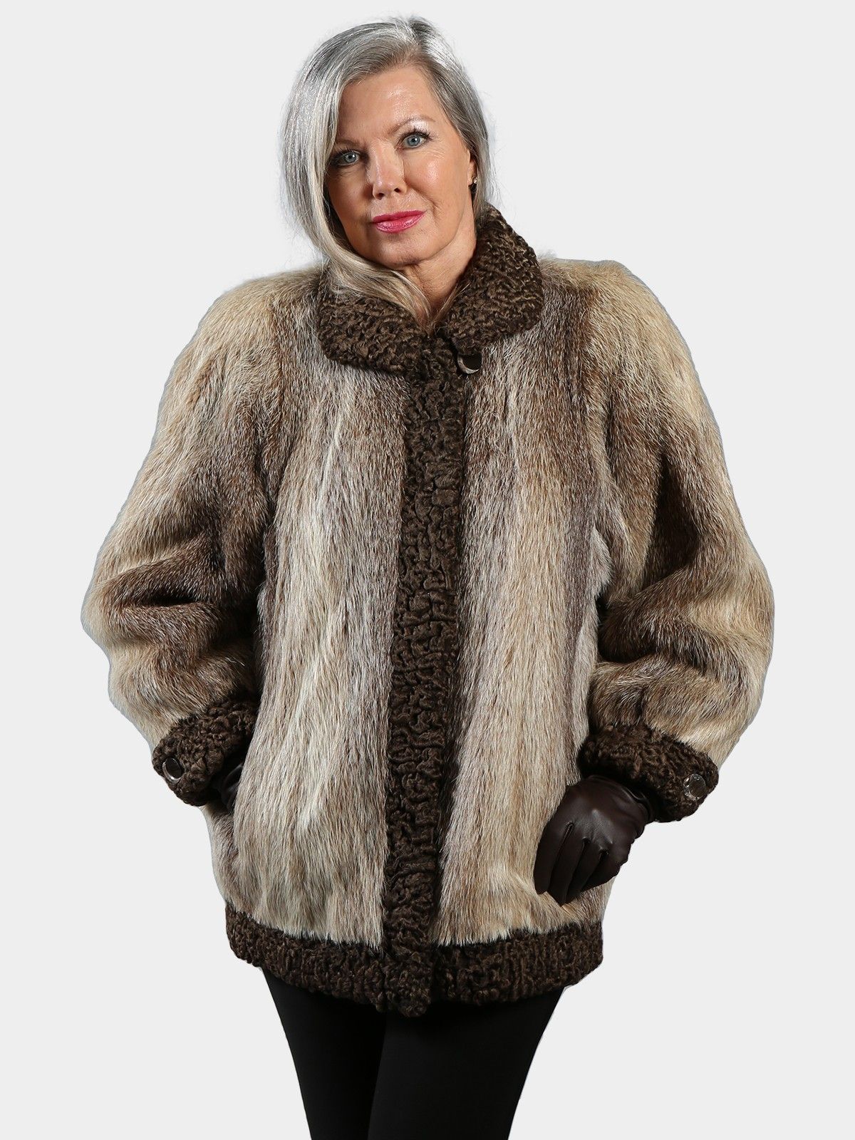 Woman's Natural Nutria Fur Jacket w/ Brown Persian Lamb Trim - Estate Furs