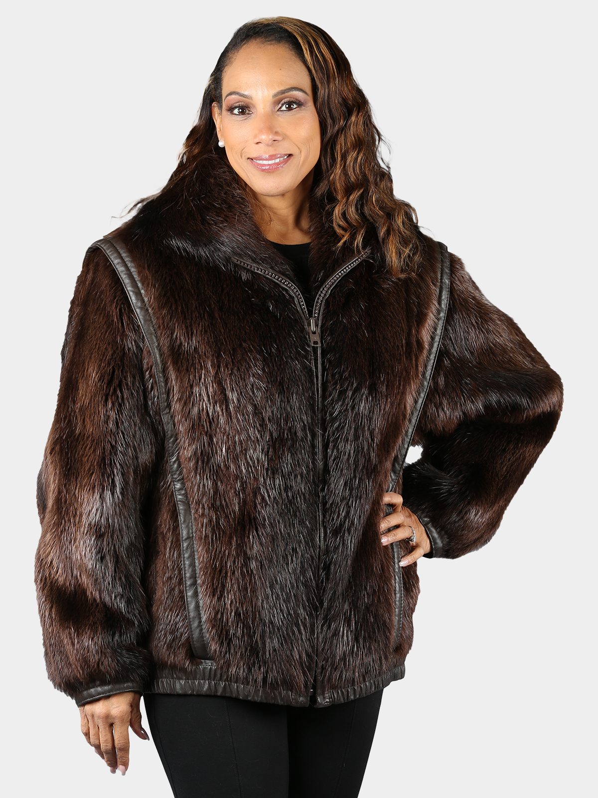 Natural Dark Brown Long Hair Beaver Fur Jacket - Estate Furs